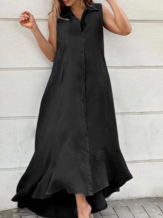  Pentru femei Rochie Lunga Rochie Maxi Rochii Tip Cămașă Rochie din in bumbac Clasic Modern În aer liber Concediu Ieșire Fit regulat Simplu Fără manșon Guler Cămașă Negru Alb Vară
