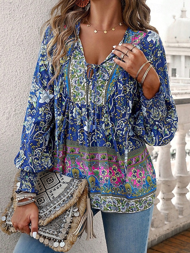 Women's Shirt Boho Shirt Summer Tops Flower Daily Stylish Casual Long Sleeve V Neck Regular Tops Work Daily Holiday Print Pink Navy Blue Blue Spring Fall