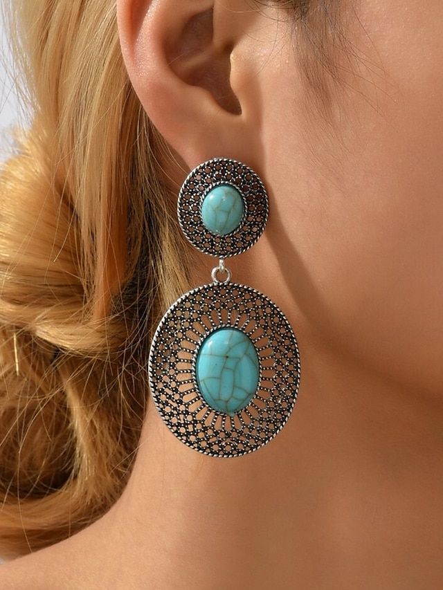  Women's Bohemian Turquoise Drop Earrings – Vintage Western Style Statement Jewelry with Feather and Bead Details for Parties, Festivals and Casual Wear