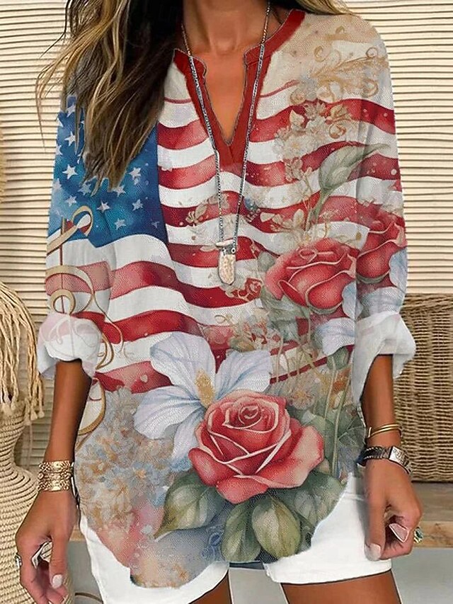 Women's Blouse Tunic V Neck Long Sleeve Boho Casual Patriotic Graphic Flag Vintage Tropical Regular Tops Daily Wear Print Black Red Blue4