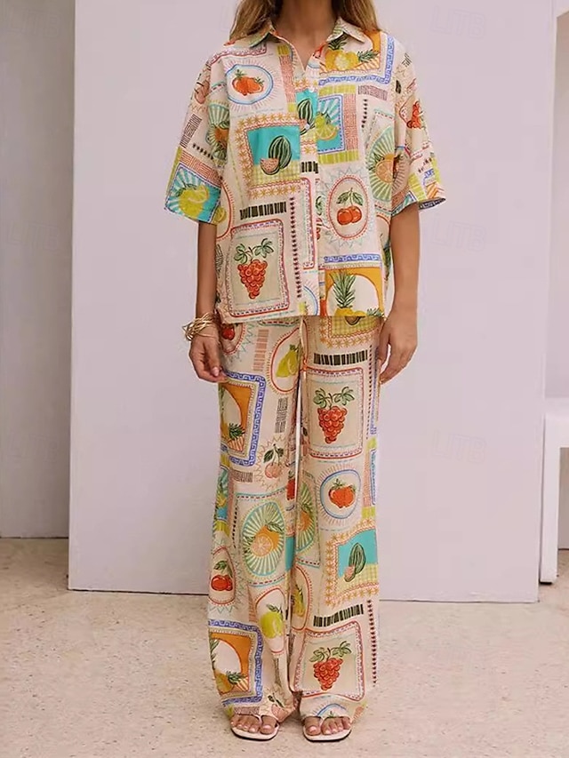  Per donna Moda Streetwear Camicie di cotone e lino Set di biancheria in cotone Set di Pantaloni Manica Corta Colletto a Camicia Frutta Stampato Abbigliamento quotidiano Data Cachi Estate Vestibilit