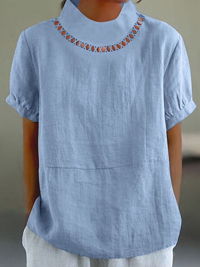 Women's Blouse Solid Color Elegant Stylish Casual Short Sleeve Turtleneck Regular Tops Daily Holiday White Blue Summer3