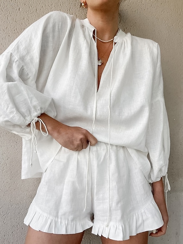  Femmes Actif Chemises en coton et lin Chemisier Ensembles de Shorts manche longue Col en V Couleur Unie Froncé Décontracté Quotidien Week-end Noir Blanche Rose Claire Été Coupe régulière