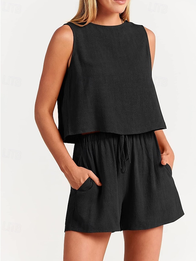  Women's Active Basic Cotton Linen Sets Blouse Shorts Sets Sleeveless Crew Neck Solid Color Drawstring Going out Weekend Black Blue Orange Summer Regular Fit
