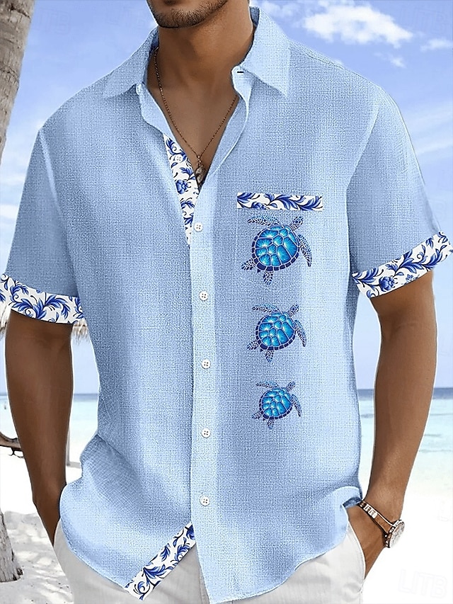  Men's Shirt Linen Shirt Summer Shirt Beach Shirt Button Up Shirt Turtle Vacation Holiday White Pink Sky Blue Green Short Sleeve Turndown Summer Clothing Apparel Front Pocket
