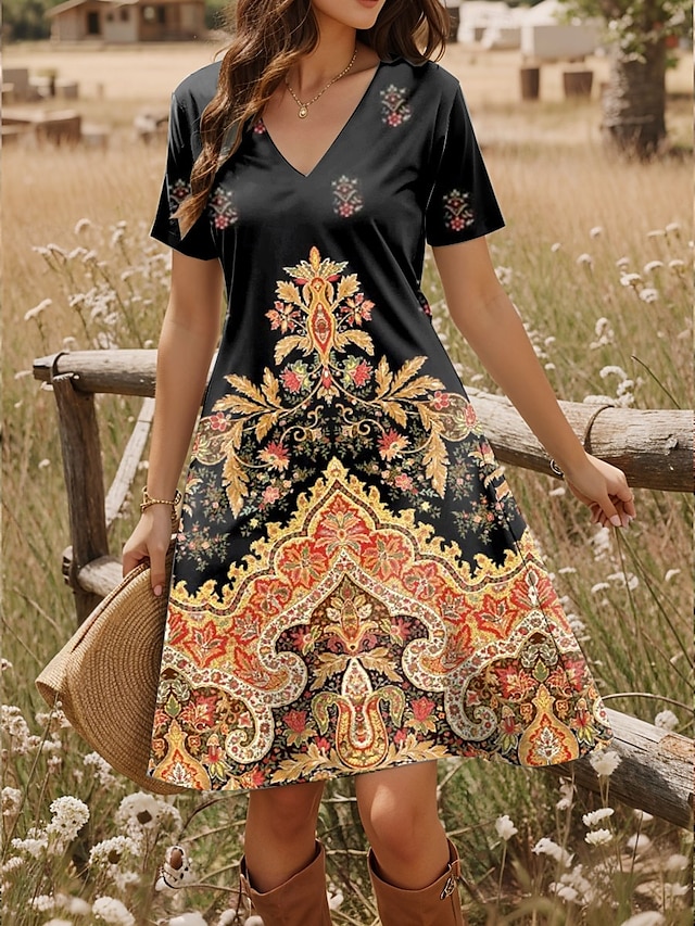  Rochie mini pentru femei, rochie tip tricou, rochie de vară, rochie de vacanță, casual, boho, zi de zi, ieșire în oraș, croială regulată, model paisley, mânecă scurtă, decolteu în V, albastru, violet,