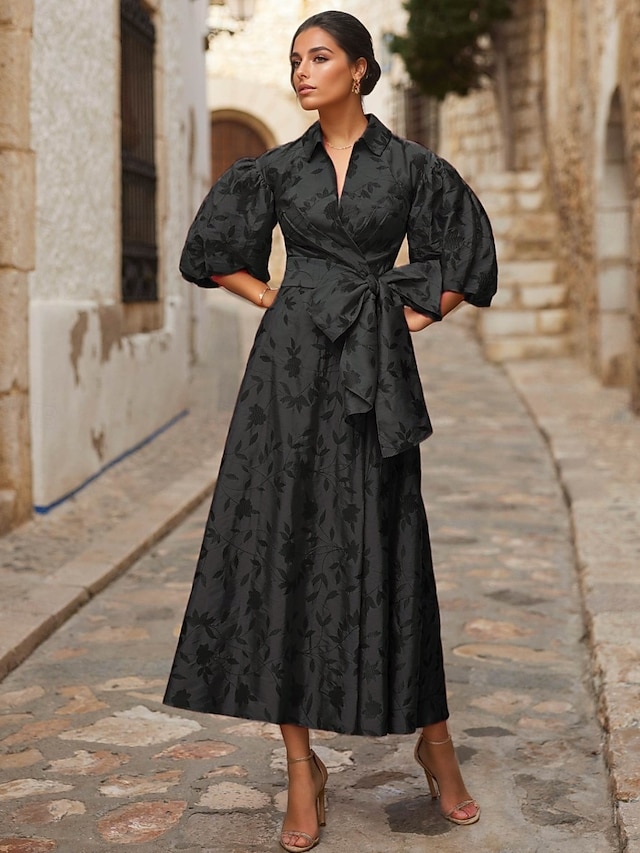  A-Line Cocktail Dresses Elegant Dress Formal Wedding Floor Length 3/4 Length Sleeve Shirt Collar Pocket Satin with Floral Print Bow(s) Slit Wedding Guest Dress 2025