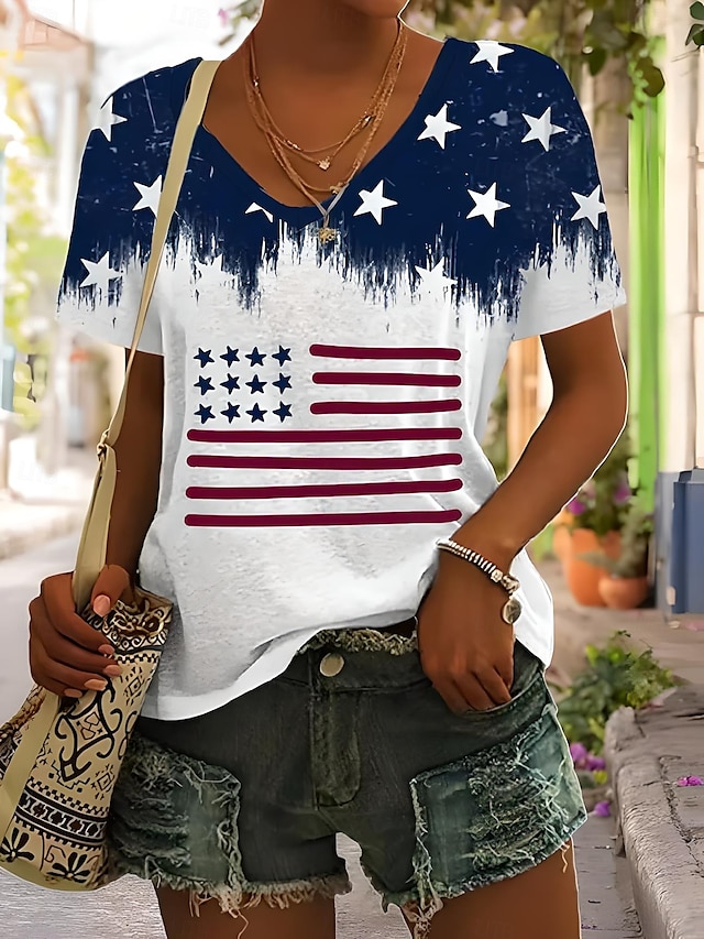  Női Hazafias T Shirt Grafikai Amerikai Zászló Vintage Stílusos Klasszikus Rövid Ujjú V Nyakú Normál Felsők Mindennapi Hétvégi Nyomtatás Kék Nyár Tavasz