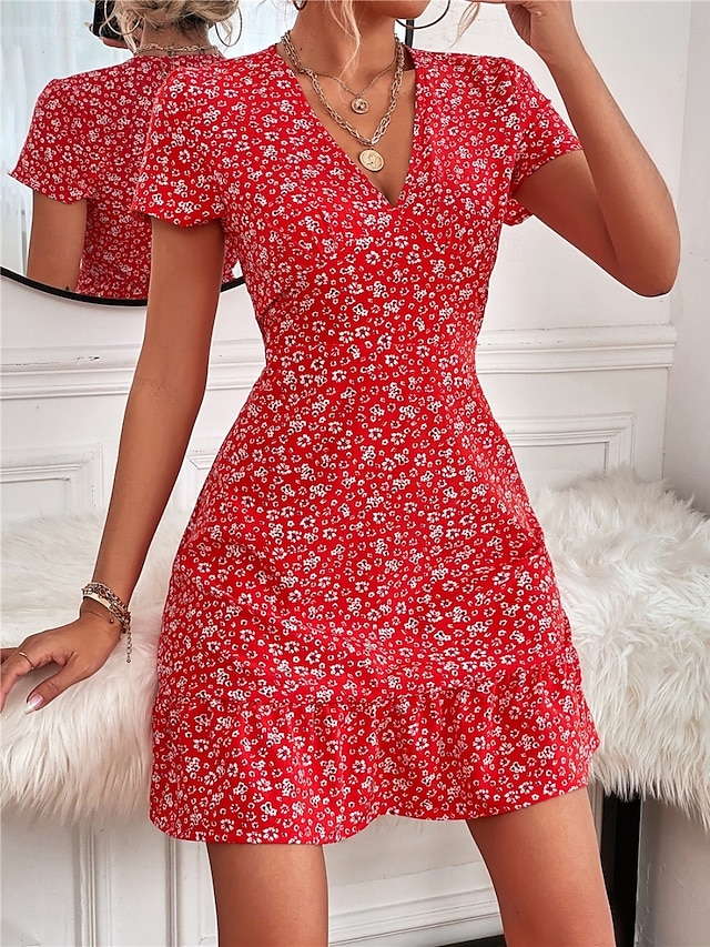  Femmes Mini Robe Robe trapèze Occasionnel Extérieur Sortir Coupe Standard Fleuri Manche Courte Col en V Noir Rouge Bleu Abricot Été