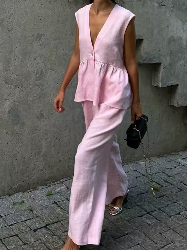  Damen Aktiv Mode Baumwoll-Leinen-Hemden Bluse Hosen-Sets Ärmellos V Ausschnitt Einfarbig Dubbele Rij Knopen Urlaub Alltagstauglich Schwarz Rosa Leicht Blau Sommer Normale Passform