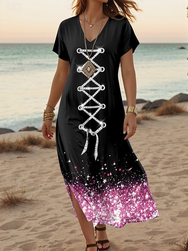  Damskie Sukienka midi Sukienka t-shirtowa Sukienka letnia Sukienka A line Urlop Codzienny Boho Na zewnątrz Impreza Wyjściowe Luźny / a Ombre Graficzny Abstrakcja Krótki rękaw W serek Rumiany róż Lato