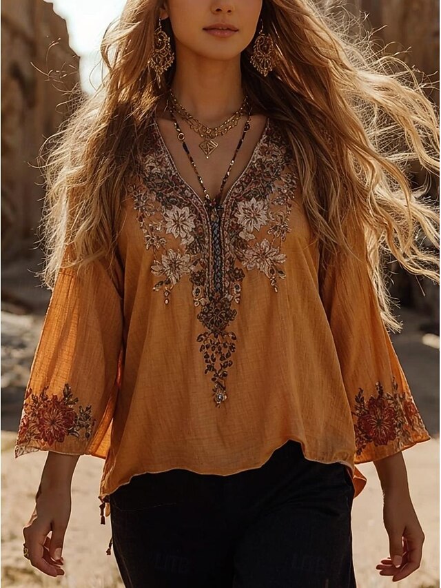 Women's Blouse Floral Graphic Bohemia Vintage Daily 3/4 Length Sleeve Crew Neck Boat Neck Regular Tops Daily Holiday Vacation Wear Print Yellow Summer Spring3