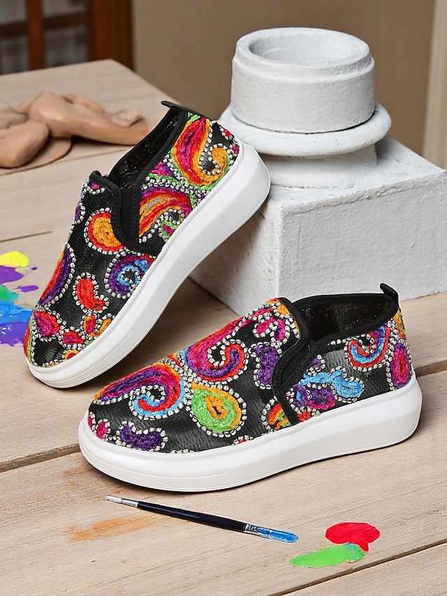  Broderte slip-on sneakers til dame – fargerikt paisley-design med komfortabel såle, ideell for hverdagsbruk og trendy antrekk