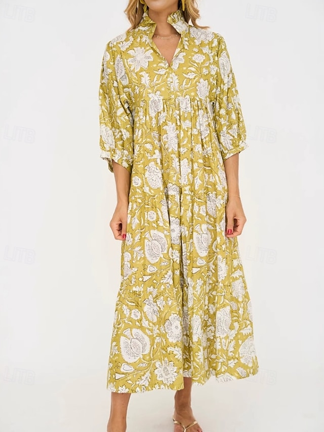  Femmes Robe Midi Robe Décontractée Robe Fleurie Robe Imprimée Mode Moderne Vacances Fête Sortir Coupe régulière Fleur Manche 3/4 Col de chemise Jaune clair Été