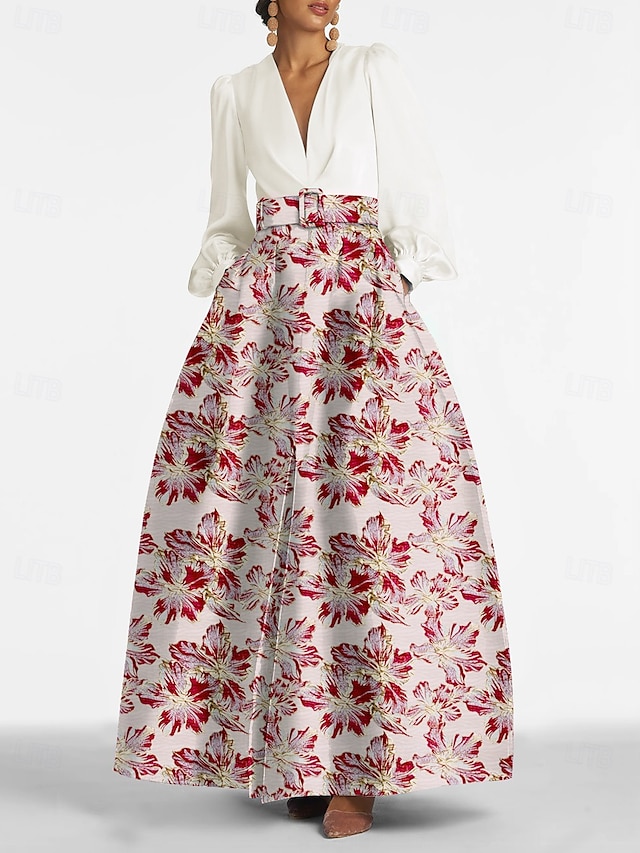  A-Line Evening Gown Elegant Dress Formal Wedding Floor Length Long Sleeve V Neck Pocket Nylon with Floral Print Pocket Derby Dress Race Day Dress Wedding Guest Dress 2025
