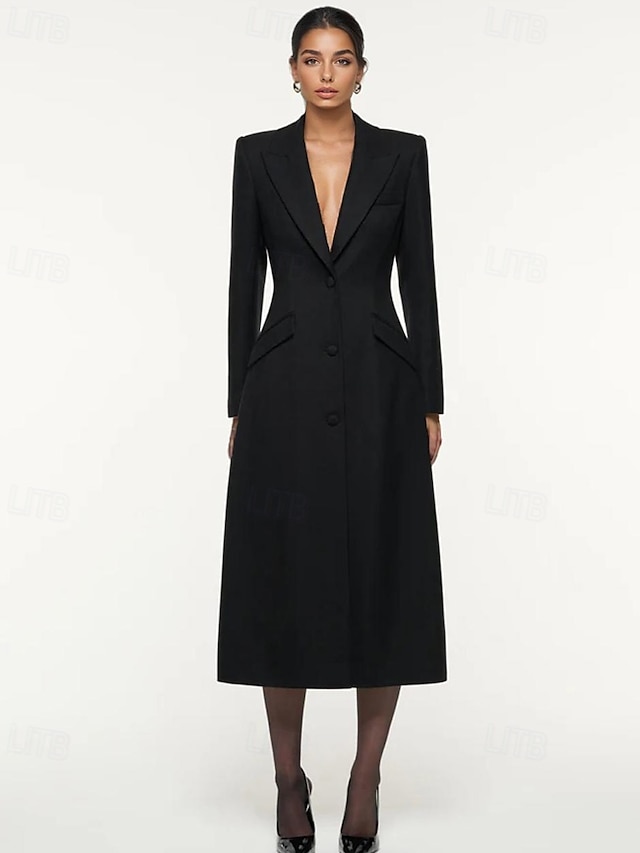  Robe Blazer A-Line Mère de la Mariée Robe Tuxedo Élégante Simple Minimaliste Formelle Col en V Taille Cintrée Longue au Sol Crêpe Élastique Manches Longues Poches à Rabat avec Boutons Recouverts