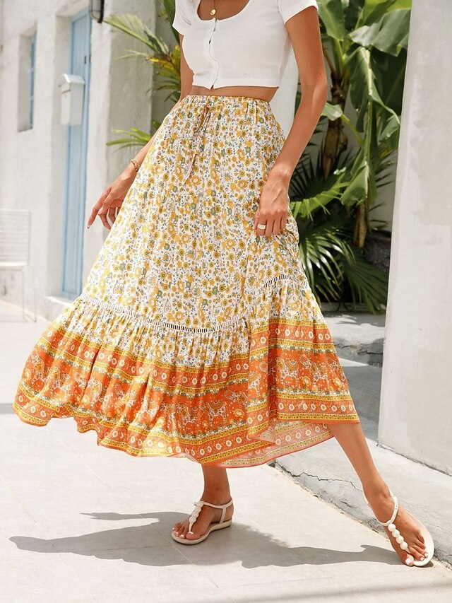  Femmes Jupe Trapèze Bohème Occasionnel Midi Taille haute Jupes Fleuri Avec Poches Imprimé Micro-Élastique Rue Quotidien Rouge Orange Bleu de minuit Abricot Été Rayonne