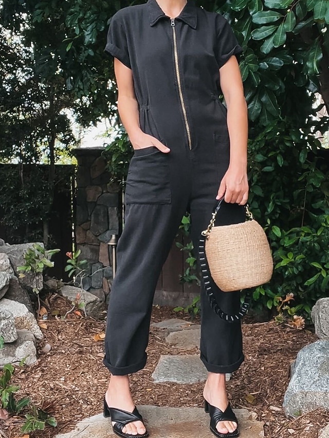  Damen Normal Baumwoll-Leinen-Hose Streetwear Einfarbig Kurzarm Hemdkragen Reißverschluss Ausgehen Wochenende Normale Passform Schwarz Rosa Blau Sommer