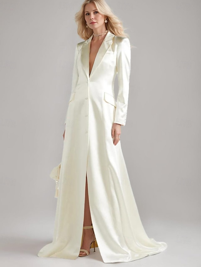  Blazer Kleid A-Linie Brautmutterkleid Smokingkleid Elegant Einfach Luxuriös V-Ausschnitt Mit Revers Bodenlang Satin Langarm mit Falten