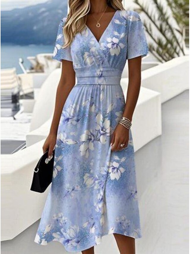 Cute A line V Neckline Short Sleeves Pink Floral Dress Beach Holiday Dresses