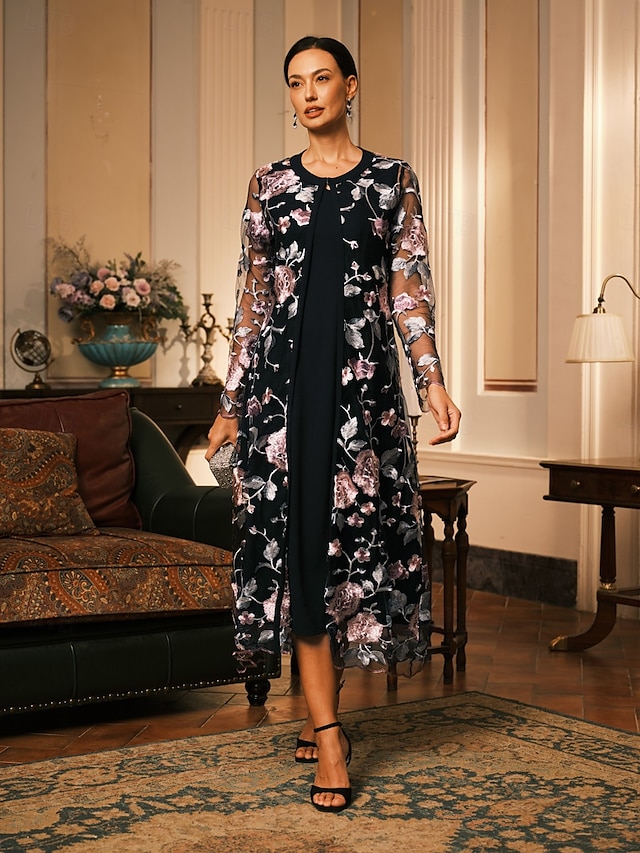  Dam Kappa Andningsfunktion Spets Broderad Elegant Blommig Formell Bröllop Fest Lång Rund halsringning Lös passning Långärmad Ytterkläder Grå rosa Svart Vinröd Sommar Vår