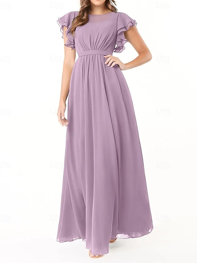  Vestido de dama de honra em corte A, gola redonda, manga longa, elegante, longo, chiffon com pregas / franzido 2025