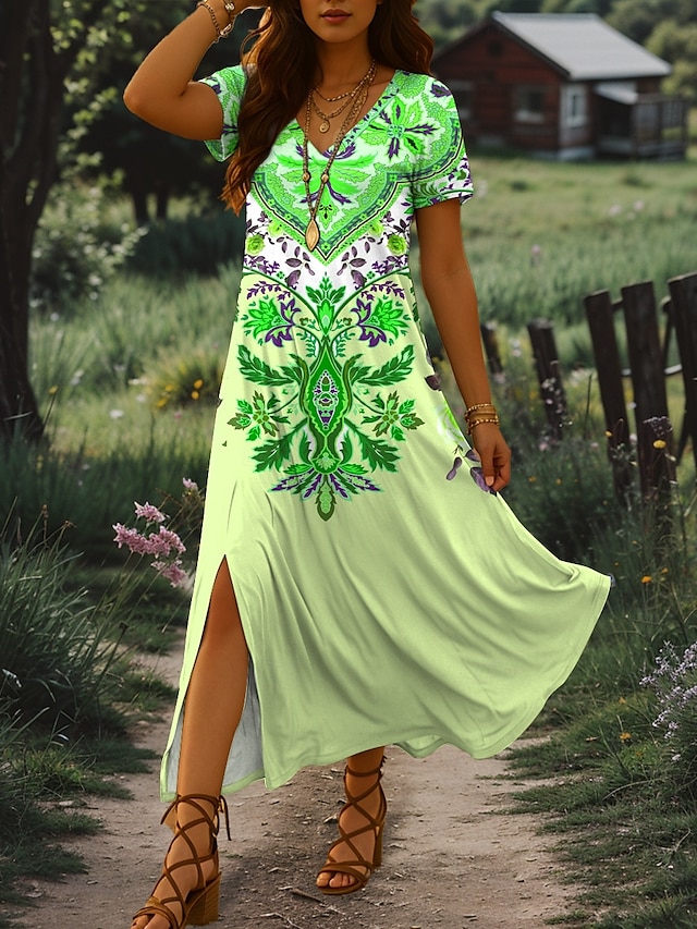  Mujer Vestido maxi Vestido de verano Vestido de una línea Vacaciones Casual Playa Ajuste regular Graphic Tribal Manga Corta Escote en Pico Rosa Azul Piscina Morado Verde Trébol Verano Primavera