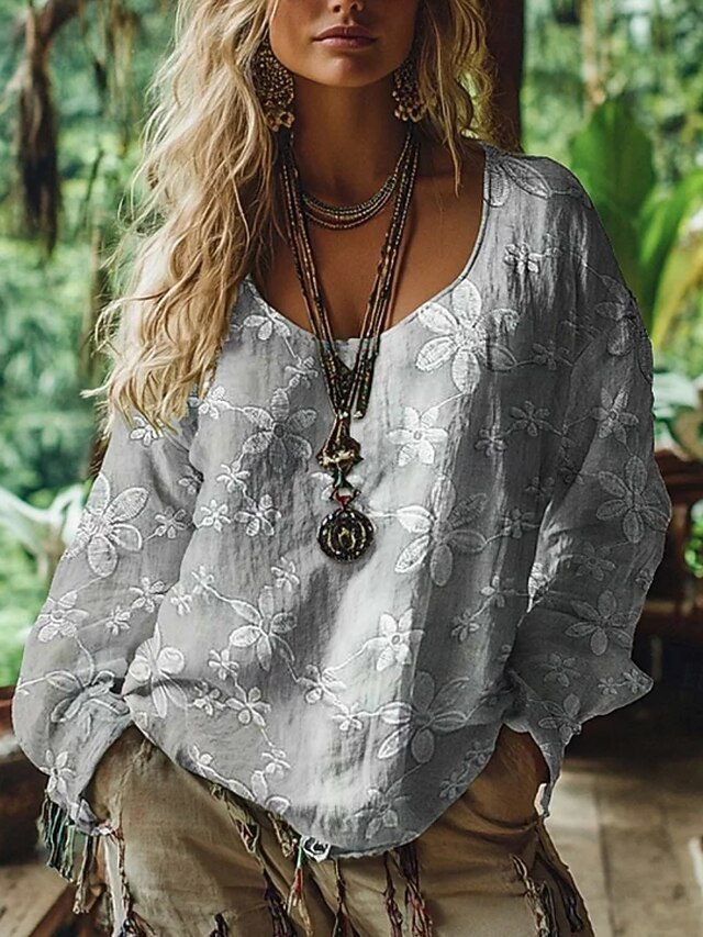 Women's Western Blouse Boho Shirt Blouse Flower Modern Casual Long Sleeve V Neck Regular Tops Daily Holiday Going out   Print Gray Autumn4