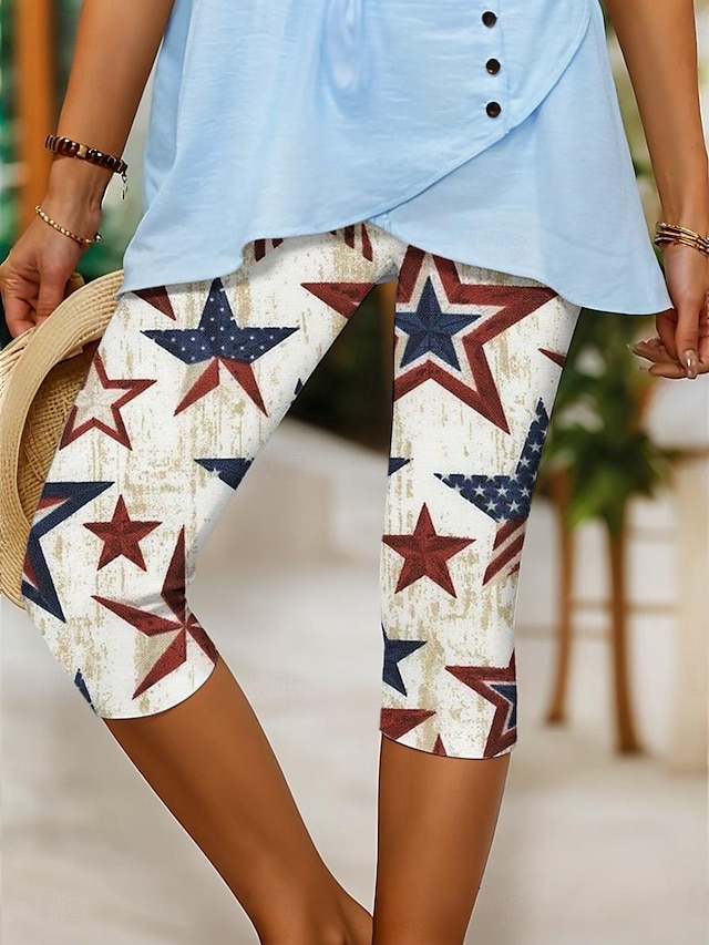  Női Capri Nadrág Patriotikus Leggings Vakáció Vintage Divat Vádli-Hosszú Magas Derék Nadrág Csillag Gradiens Csíkos Nyomtatás Lélegző Puha Rugalmas Szabadtéri