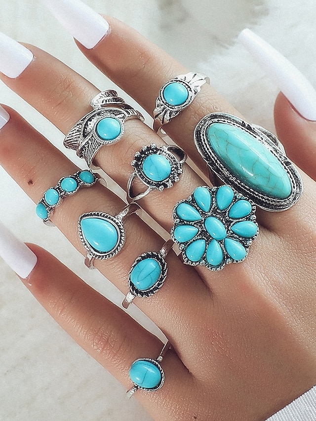  Boho turkis ringsæt til kvinder – vintage legeringsstabelbare ringe med ædelstensdetaljer til vestlig stil, festivaler eller hverdagsbrug