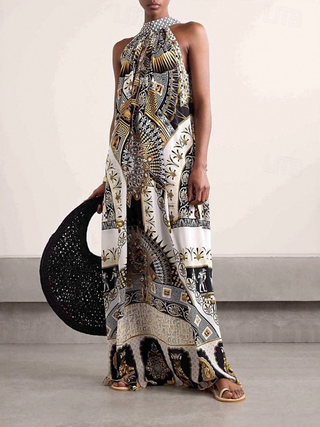  Femmes Robe Longue Maxi Robe Robe Décontractée Robe évasée Mode Extérieur Soirée Fête Coupe régulière Peinture Sans manches Col Halter Blanche Été