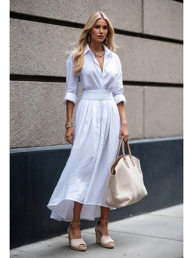  Per donna Abito Lungo Maxi Abito Vestito a ruota Elegante Uscire Vestibilità regolare Colore Puro Manica Lunga Scollo a V Nero Bianco Autunno