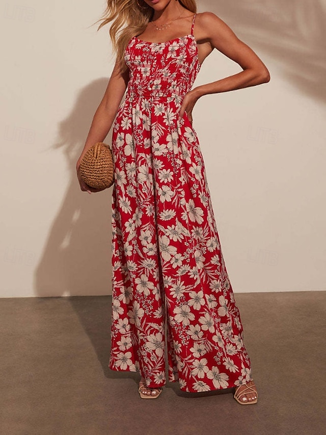  Damen Normal Overall Streetwear Blumen Ärmellos U-Ausschnitt Druck Straße Täglich Normale Passform Rote Sommer