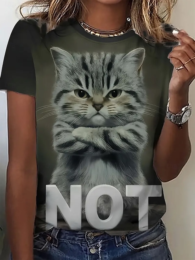  Women's T Shirt Summer Tops Graphic Cat Classic Casual Short Sleeve Crew Neck Crop Tops Daily Weekend Print Black and gray Light Grey Summer Spring Fall