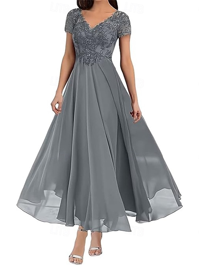  A-Linie Brautmutterkleid Elegant V Ausschnitt Bodenlang Polyester Kurzarm mit Einfarbig 2025