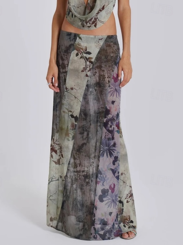  Damen Rock Gerade Mode Boho Maxi Mittlere Hüfthöhe Röcke Blumen Druck Mikroelastisch Straße Ausgehen Grau Sommer Polyester
