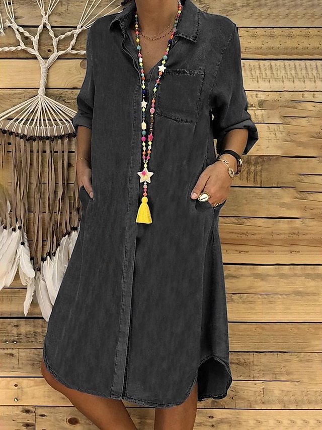  Femmes Mini Robe Robe trapèze Vacances Occasionnel Extérieur Vacances Quotidien Coupe régulière Uni manche longue Col de chemise Noir bleu marine Bleu Été Automne