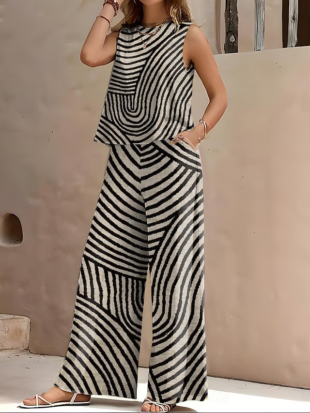  Ensembles vintage stylés pour femmes 2 pièces sans manches col rond graphique géométrique rayé formel bureau rose bleu marron été coupe régulière