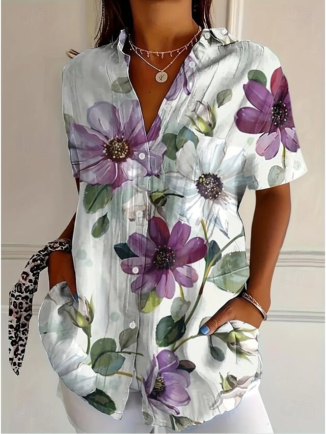 Women's Shirt Long Sleeve Button Down Blouse Floral Graphic Vintage Tropical Daily Sleeveless Short Sleeve Shirt Collar Regular Tops Daily White Red Summer Spring4