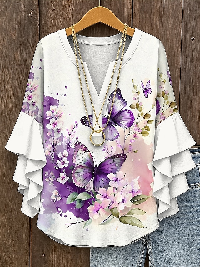  Blusa da Donna con Maniche a Ruffle a Strati Grafica Floreale Farfalla Bohemia Vintage Tropicale Maniche a 3/4 Collo a V Maglietta Regolare Abbigliamento Estivo Primaverile per Vacanze Stampa Gialla