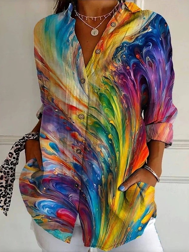  Per donna Camicia Grafico Geometrico Casual Boho Manica Lunga Colletto a Camicia Top Regolari Quotidiano Uscire Abiti da festa Patchwork Bottoni Stampato Arcobaleno Primavera, Autunno, Inverno, Estate
