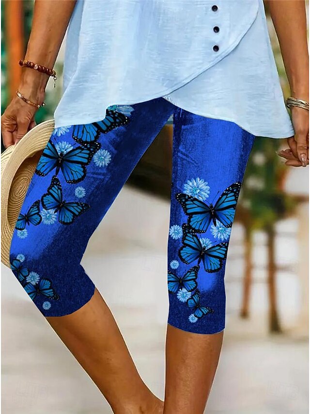 Women's Leggings Capri Pants High Elasticity Vacation Vintage Fashion Calf-Length Mid Waist Floral Graphic Butterfly Printing Breathable Soft Stretchy Vacation Casual Daily Deep Blue Summer Spring4