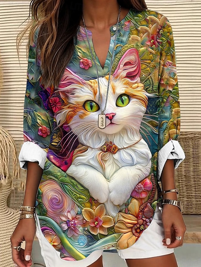  Femmes Hauts d'été Graphique Chat ancien Tropical Hawaïen manche longue Col en V Hauts Réguliers Quotidien Fête Tenue de plage Imprimé Bleu Vert Beige Été Printemps