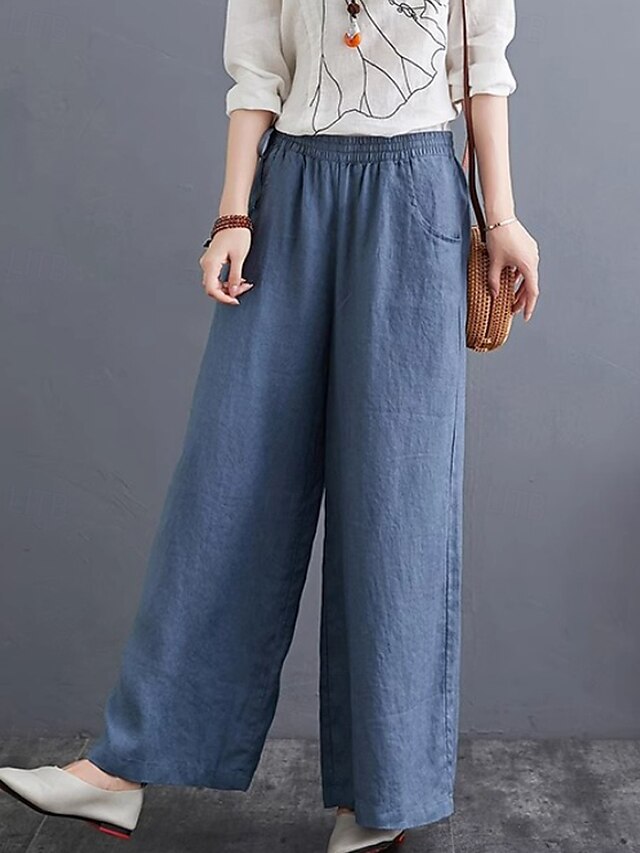  Mujer Pantalones de lino y algodón pantalones Ropa de calle Casual Longitud total Cintura Media Plano Bolsillo Cintura elástica Al Aire Libre Cómodo Ropa Cotidiana Noche Albaricoque Negro Azul Morado