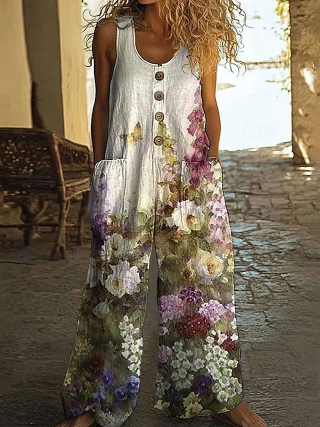  Per donna Normale Pantaloni in lino e cotone Elegante Floreale Senza Maniche Gamba larga Collo a U Bottoni Tasca Streetwear Quotidiano Vestibilità regolare Verde Estate