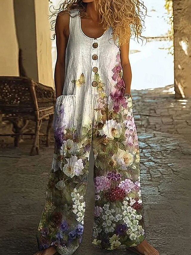 Women's Normal Cotton Linen Pants Stylish Floral Sleeveless Wide Leg U Neck Buttons Pocket Street Daily Regular Fit Green Summer4