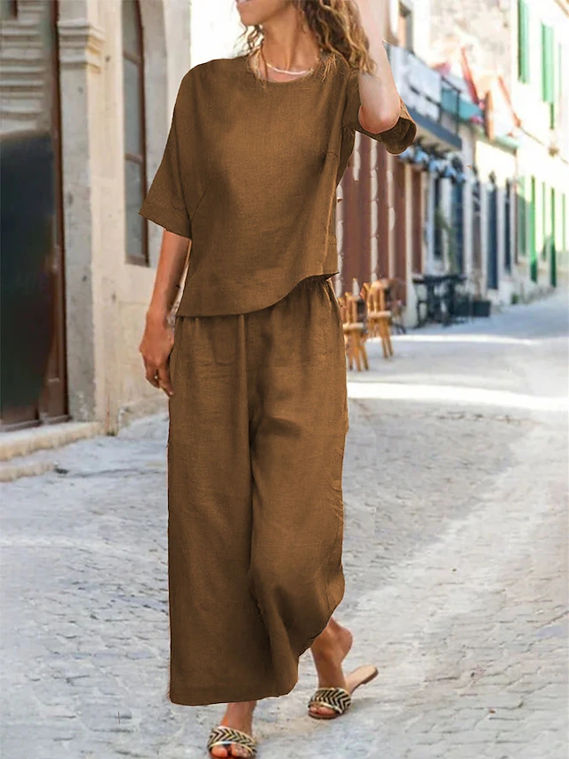 Women's Cotton Linen Sets Two Piece Sets Pure Color Hot Casual Comfort Home Daily Spring Fall 10