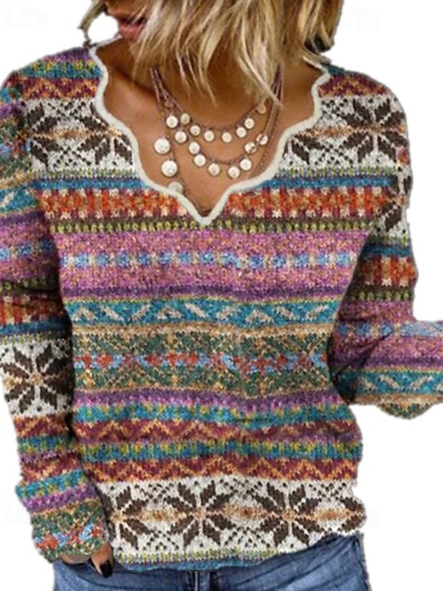  Dames Blouse Bloem Modern Boho Lange mouw V-hals Normale tops Feestdagen Uitgaan Afdrukken blauw Paars Oranje Zomer