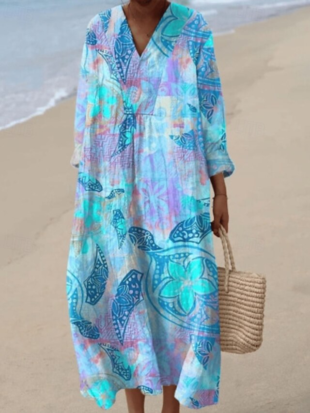 Women's Midi Dress Casual Dress Floral Dress Fashion Classic Modern Outdoor Vacation Holiday Regular Fit Flower Long Sleeve V Neck Blue Green Light Blue Summer4