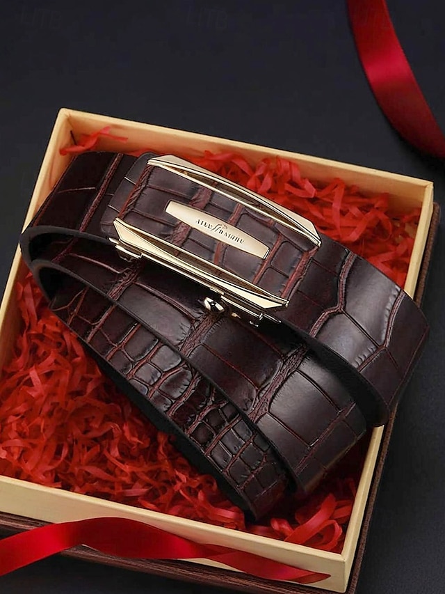 Cintura da uomo in vera pelle con fibbia automatica e cricchetto - classico motivo coccodrillo, stile elegante, adatta per matrimoni, affari e occasioni formali